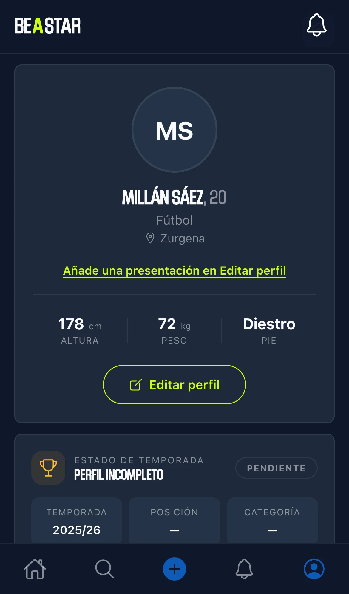 Pantalla de perfil de jugador en Beastar