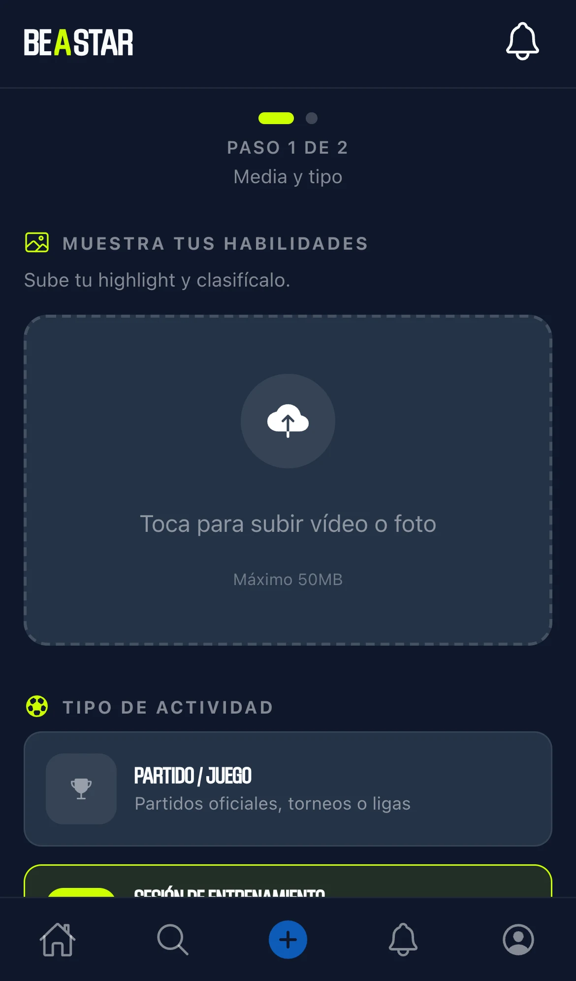 Pantalla de subida de contenido en Beastar